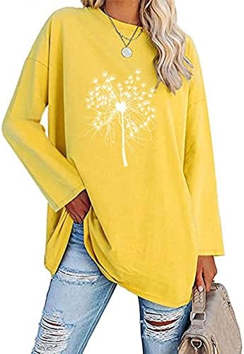 Sarı Uzun Kollu Üstleri Genç Kızlar için Yaz Sonbahar Tekne Boyun Karahindiba Çiçek Grafik Gevşek Fit Bluzlar Tişörtleri