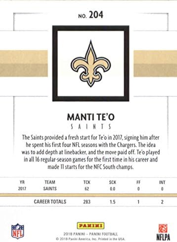 2018 Panini NFL Futbol 204 Manti Te'o New Orleans Saints Resmi Ticaret Kartı