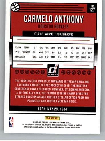 2018-19 Donruss 127 Carmelo Anthony Houston Rockets NBA Basketbol Ticaret Kartı