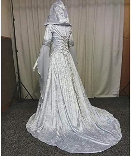 Cadı Elbise Kadınlar Vintage Kapşonlu Cadı Pelerin Elbise Trompet Kollu Ortaçağ düğün elbisesi Cadılar Bayramı Cosplay