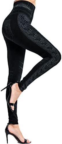 YALFJV Yoga Pantolon Yüksek Bel Cepler ıle Kadın Elastik Kot Tayt Termal Şerit Baskı Taklit Denim Tayt Tayt