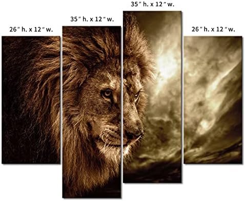 4 Panel Duvar Sanatı Kahverengi Şiddetli Aslan Karşı Fırtınalı Gökyüzü Boyama Resim Tuval Üzerine Baskı Hayvan Resimleri