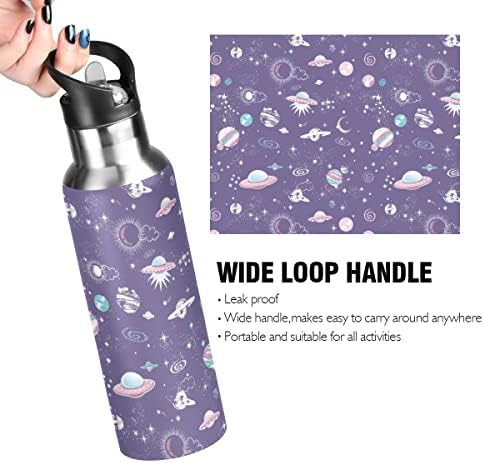 Gezegen Uzay Su Şişesi Termos Hasır Kapaklı çocuklar için Erkek Kız, 600 ml, Sızdırmaz Paslanmaz Çelik spor şişesi