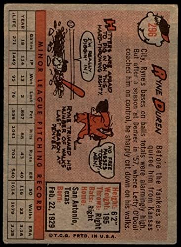 1958 Topps 296 Ryne Duren New York Yankees (Beyzbol Kartı) İYİ Yankees