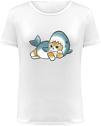 Kadın Yaz Beyaz Üstleri Sevimli Kedi Grafik Gömlek Kısa Kollu Rahat Moda Yuvarlak Boyun Gevşek Fit Gömlek Bluz