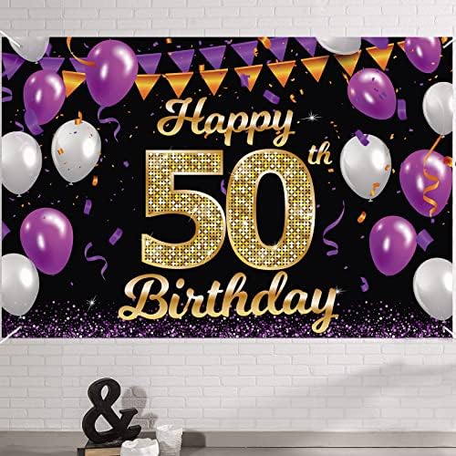 4 x 6ft Mutlu 50th Doğum Günü Partisi Süslemeleri Afiş Altın ve Siyah İşareti-Şerefe 50 Yıl Yıldönümü Mor fotoğraf