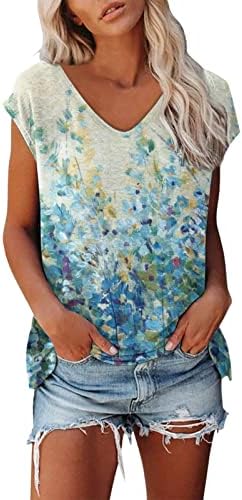 Artı Boyutu Üstleri Kadınlar için Petal Cap Sleeve Çiçek Baskılı Tişörtleri Gömlek Hafif V Boyun Kadın Tişört Grafik