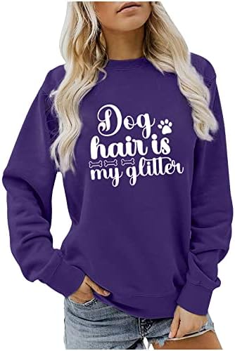 Köpek Saç Benim Glitter Rahat Gevşek Üstleri Kadınlar için Moda Mektubu Baskı Uzun Kollu Tee Gömlek Komik Köpek Pençe