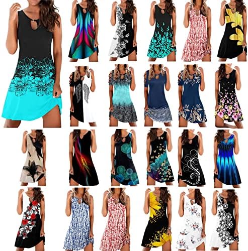 msmrrml Yaz Elbiseler Kadınlar için 2023 Casual Crewneck Gömlek Elbise Kolsuz Bir Çizgi Plaj Hawaiian Elbise Dökümlü