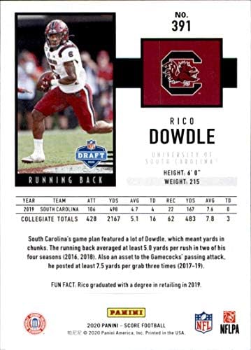 2020 Puanı 391 Rico Dowdle Güney Carolina Gamecocks Çaylak Futbol Kartı
