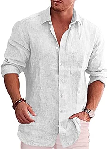 Erkek Keten Düğme Aşağı Gömlek Casual Düzenli Fit Uzun Kollu Gömlek Yaz Rahat Düğme Plaj Gömlek Tops