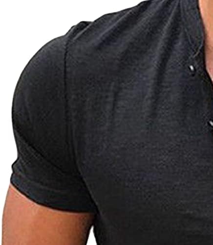Erkek Moda Henley Gömlek Kısa Kollu V boyun Pamuk T-Shirt Rahat Yaz Temel Standı Yaka Tee Tops