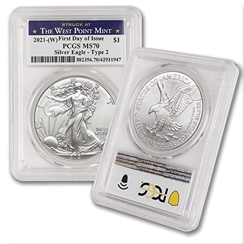 2021 Darphane İşareti Yok 1 oz Amerikan Gümüş Kartal Paraları MS-70 (Tip 2 - Basımın İlk Günü - West Point Darphanesinde