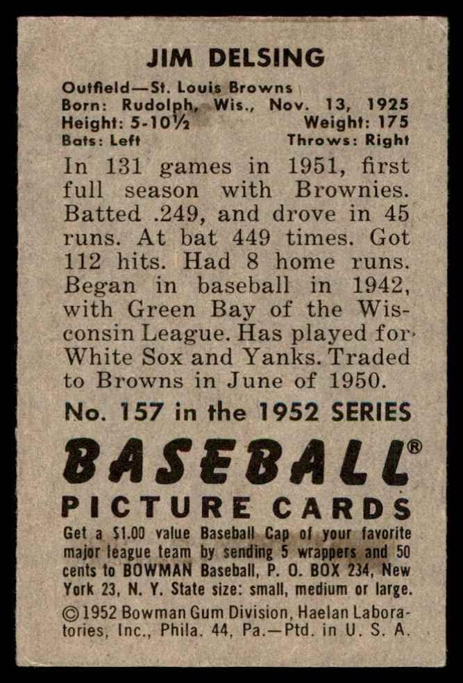 1952 Bowman Beyzbol 157 Jim Delsing Mickeys Kartlarıyla Mükemmel (10 üzerinden 5)
