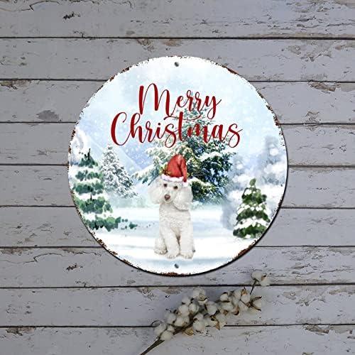 Merry Christmas Çelenk Işareti Kış Sahne Noel Şapka Köpek Yuvarlak Metal Tabela Noel Kapalı Süslemeleri Sıkıntılı