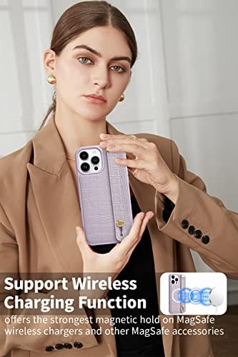 Standlı ZVE Kablosuz iPhone 14 Pro Max Kılıf, Kadınlar için Kickstandlı Timsah Desenli Moda Deri Kılıf Askı Kılıfı
