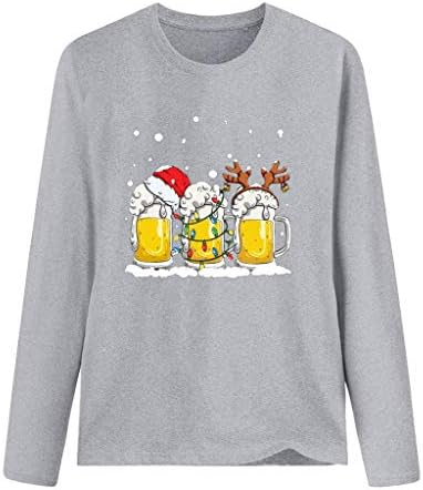 Bayan Noel Üstleri Uzun Kollu Bira Grafik Baskılı T-Shirt Tatil Rahat Gevşek Kazak Kazak Noel Tee Gömlek