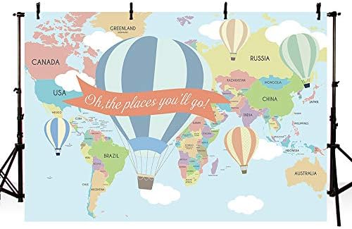 MEHOFOND 7x5ft Seyahat Haritası Doğum Günü Partisi Süslemeleri Zemin Dünya Çapında Seyahat Sıcak Hava Balonu Oh Gideceğiniz
