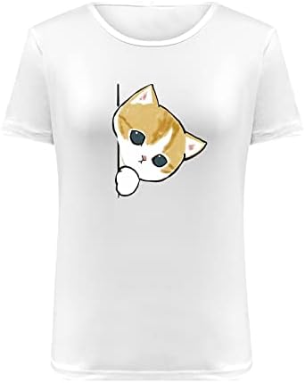 Kadın Yaz Beyaz Üstleri Sevimli Kedi Grafik Gömlek Kısa Kollu Rahat Moda Yuvarlak Boyun Gevşek Fit Gömlek Bluz