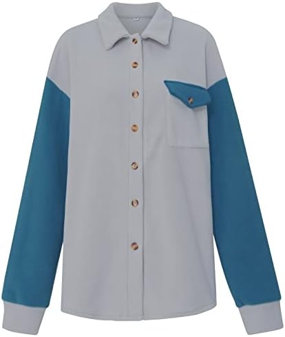 Uzun Kollu Paten Açık Bluz Kadın Moda Sonbahar Yaka Rahat Fit Colorblock Tunik Polyester Düğme Aşağı Tunik