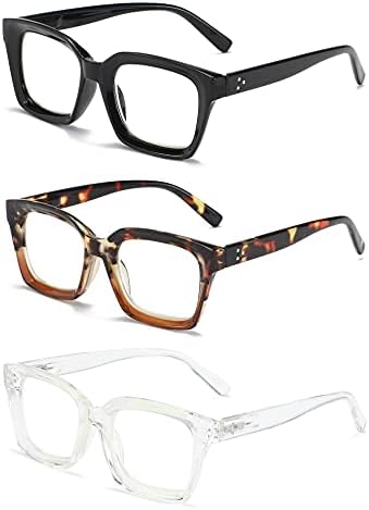 ZXYOO 3 Paket büyük boy kare tasarım okuma gözlüğü kadınlar için, mavi ışık engelleme bilgisayar okuyucu (siyah ve