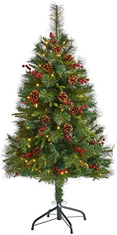 Neredeyse Doğal 4ft. Karışık çam yapay Noel Ağacı ile 100 temizle LED ışıkları, Çam kozalakları ve meyveleri, yeşil