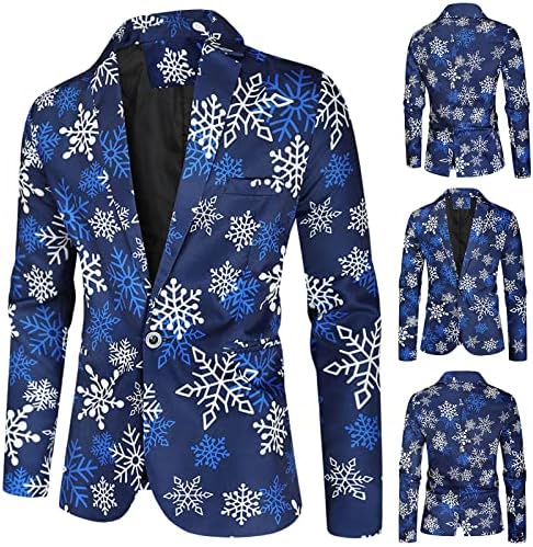 Erkek Moda Rahat Noel Baskılı Takım Elbise Ceket Üst Bluz Toprak Parça yarış kıyafeti Erkekler için (Mavi, XXL)