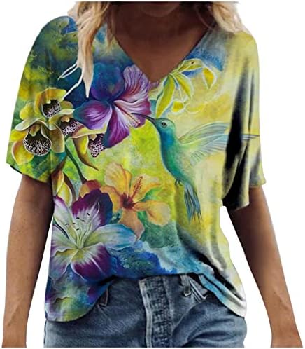 Kadınlar Casual Gevşek Kısa Kollu Tişörtleri Yaz Batik Gökkuşağı Degrade Tee Üstleri V Boyun Vintage Baskı Rahat Bluz