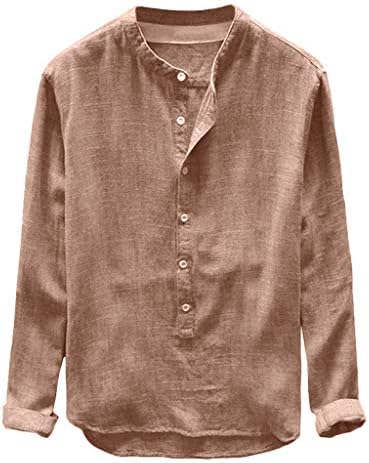 Erkek Düz Renk Pamuk Keten Henry Yaka Uzun Kollu Gömlek Sonbahar Kış Düğmesi Rahat Gevşek Üst Bluz L-4XL