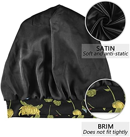 Kafatası Kap Uyku Kap Çalışma Şapka Bonnet Beanies Kadınlar için Vintage Çiçekler Çiçek Yaprakları Siyah Sarı Uyku