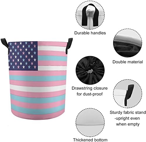 Transseksüel ABD Bayrağı 42L Yuvarlak çamaşır sepeti Katlanabilir Giysi Sepetleri İpli Üst