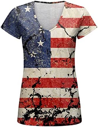 4th Temmuz Gömlek Kadınlar için Rahat Yaz ABD Bayrağı T-Shirt Kısa Kollu V Boyun Çizgili Kravat Boya Vatansever Bluz