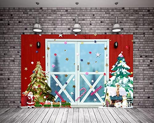 20x10ft Noel Rustik Ahır Kırmızı Vintage Ahşap Arka Plan Beyaz Kapı Çerçevesi Karikatür Noel Ağacı Santa Caus Arka