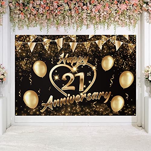 Mutlu 21st Yıldönümü Zemin Afiş Dekor Siyah Altın Glitter Aşk Kalp Mutlu 21 Yıl Düğün Yıldönümü Partisi Tema Süslemeleri