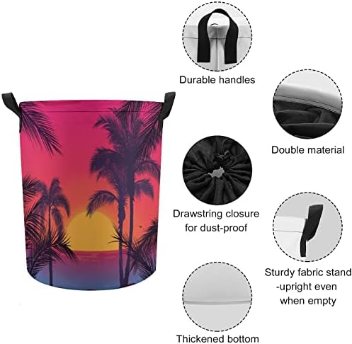 Hindistan cevizi Ağaçları Hawaii 42L Yuvarlak çamaşır sepeti Katlanabilir Giysi Sepetleri İpli Üst